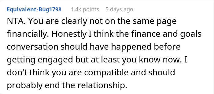 Reddit user advises ending relationship over debt and clashing values after fianc&eacute;e demands $35k wedding payment.