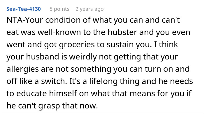 Screenshot of a forum comment discussing a husband and family dealing with a woman’s picky eating and allergies. Screenshot of a forum comment discussing a husband and family dealing with a woman’s picky eating and allergies.