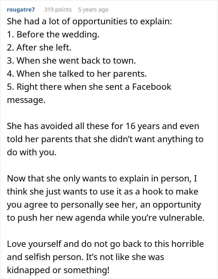 Comment discussing a man left without closure after his fianc&eacute; disappears before wedding and reappears 16 years later.