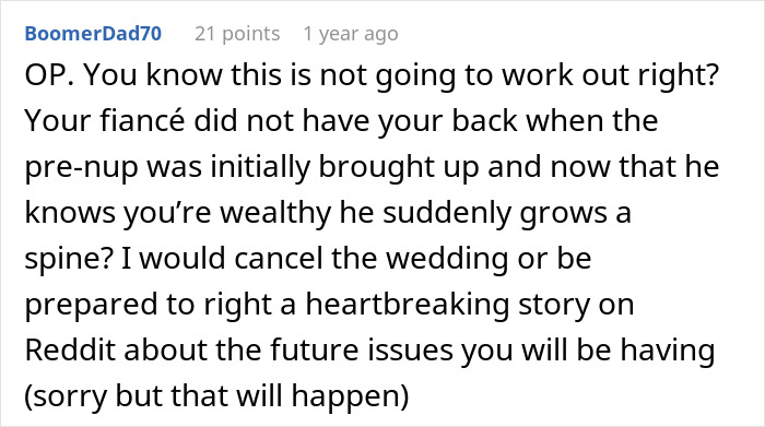 Comment on Reddit discussing future in-laws demanding a prenup and reactions after learning about woman’s wealthy family.