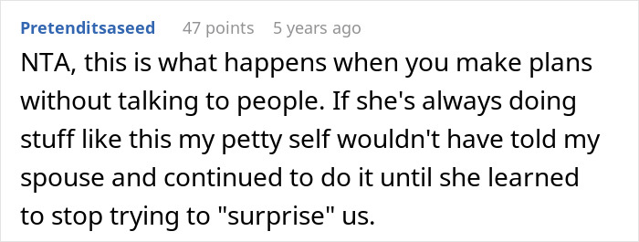 Screenshot of a forum comment discussing women ruining MIL’s surprise by pretending they had no idea she was coming. Screenshot of a forum comment discussing women ruining MIL’s surprise by pretending they had no idea she was coming.