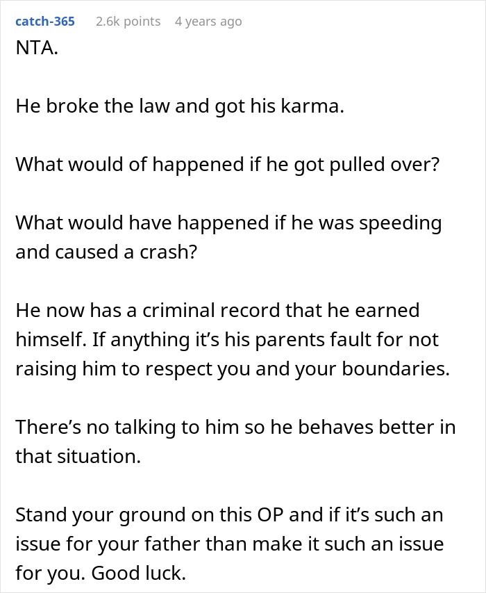Comment discussing consequences of having a half-brother arrested after stealing a family member’s car.