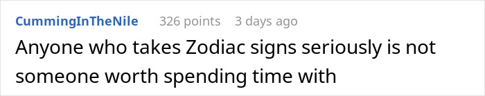 Screenshot of an online comment criticizing belief in Zodiac signs related to astrology and relationship issues.