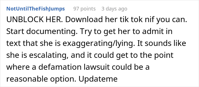 Reddit comment discussing woman angry her sister built TikTok fame by lying and potential defamation lawsuit risk.