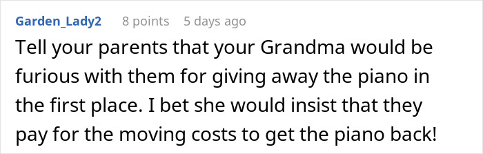 Screenshot of a social media comment discussing parents donating daughter’s inherited piano and regrets afterward. Screenshot of a social media comment discussing parents donating daughter’s inherited piano and regrets afterward.
