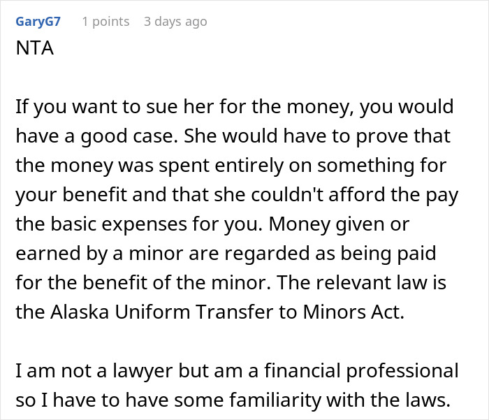 Screenshot of an online comment discussing a teen questioning what happened to her $30k and vague answers from her mom. Screenshot of an online comment discussing a teen questioning what happened to her $30k and vague answers from her mom.
