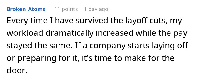 Red flags indicating job insecurity shown in a forum comment about layoffs and increased workload challenges. Red flags indicating job insecurity shown in a forum comment about layoffs and increased workload challenges.