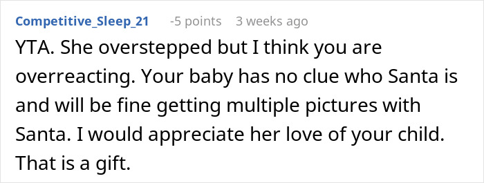 Screenshot of a Reddit comment discussing a step-grandma sneaking a baby to Santa and losing babysitting privileges. Screenshot of a Reddit comment discussing a step-grandma sneaking a baby to Santa and losing babysitting privileges.