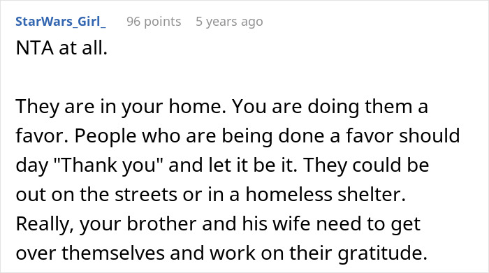 Screenshot of a forum comment discussing a woman helping her brother and his wife and their entitled behavior.