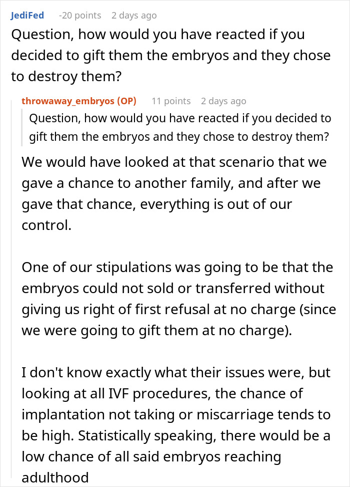 Reddit conversation discussing a couple&rsquo;s decision to destroy their embryos after a friend's true colors emerge.