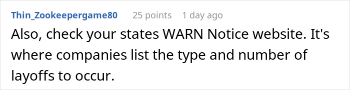 User comment about checking WARN Notice website, highlighting subtle red flags that indicate job insecurity.