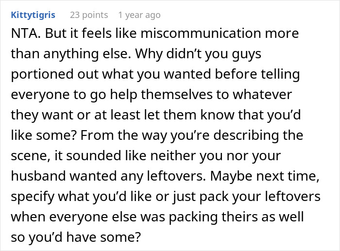 Reddit comment discussing miscommunication and leftover portioning during Thanksgiving family gathering.