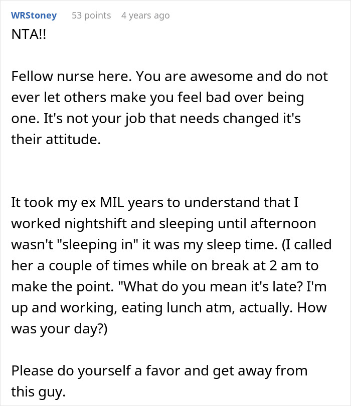 Screenshot of a Reddit comment where a nurse advises against feeling bad, discussing MIL and work schedule challenges. Screenshot of a Reddit comment where a nurse advises against feeling bad, discussing MIL and work schedule challenges.