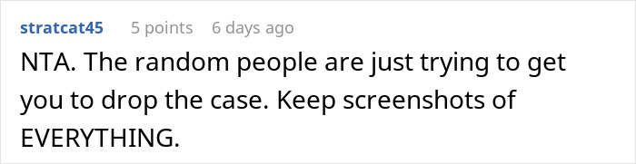 Comment thread screenshot showing user stratcat45 advising to keep screenshots of everything during a dispute about a makeup artist pretending to be sick.