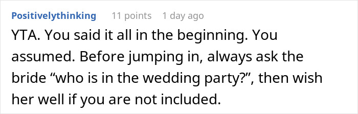 Screenshot of a Reddit comment advising to ask the bride about the wedding party during a wedding dress shopping trip.