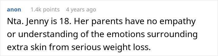 Comment on a forum discussing aunt pay niece tummy tuck drama, highlighting lack of parental empathy about excess skin after weight loss.