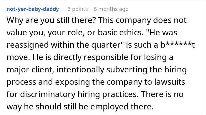 Reddit comment discussing unethical hiring practices and issues with a boss who forced an employee to hire his crush. Reddit comment discussing unethical hiring practices and issues with a boss who forced an employee to hire his crush.