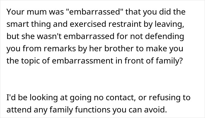 Text on screen discussing a mom embarrassed over uncle's jokes as guy leaves Christmas dinner. Text on screen discussing a mom embarrassed over uncle's jokes as guy leaves Christmas dinner.