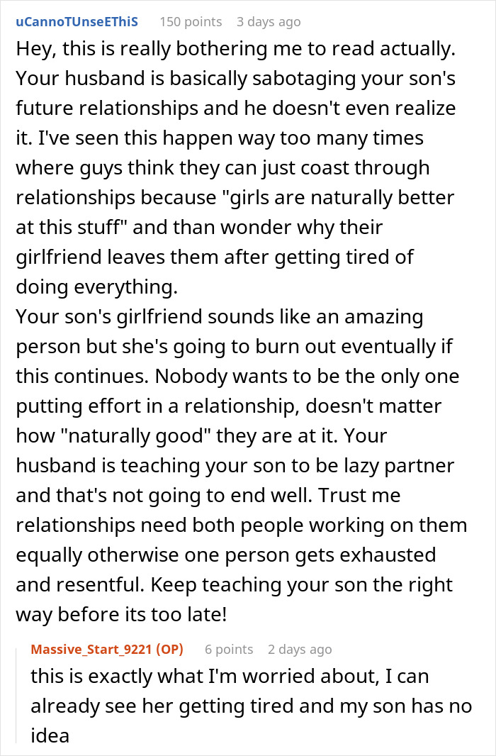 Reddit comment discussing dad giving teen son dating advice from 1955 and concerns about relationship imbalance.