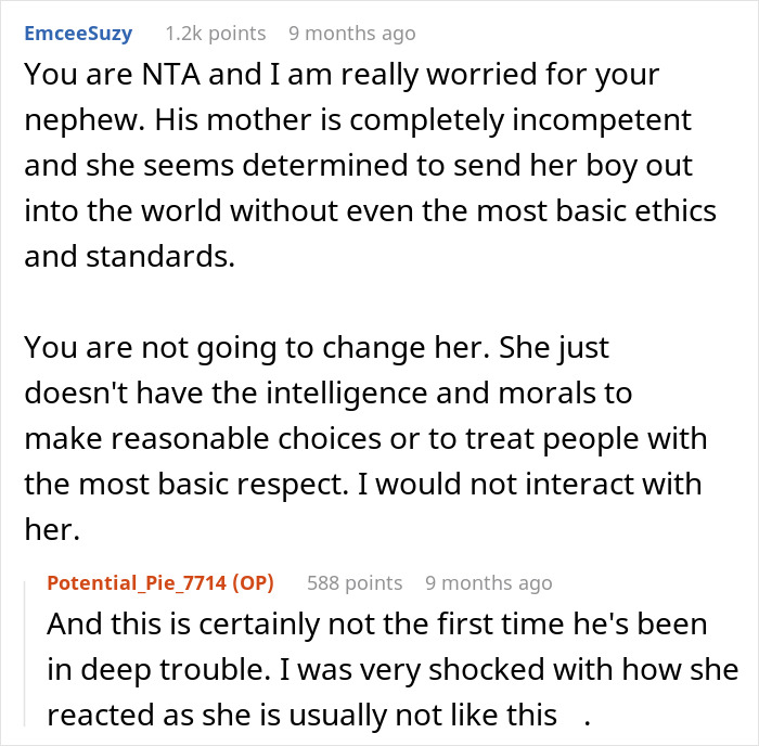 Reddit comment discussing concerns about entitled nephew misusing credit card and karma delivered in response.