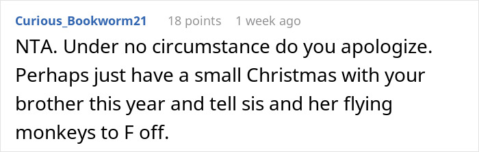 Reddit comment showing a woman’s response clapping back at BIL tearing down her brother during Thanksgiving dinner. Reddit comment showing a woman’s response clapping back at BIL tearing down her brother during Thanksgiving dinner.