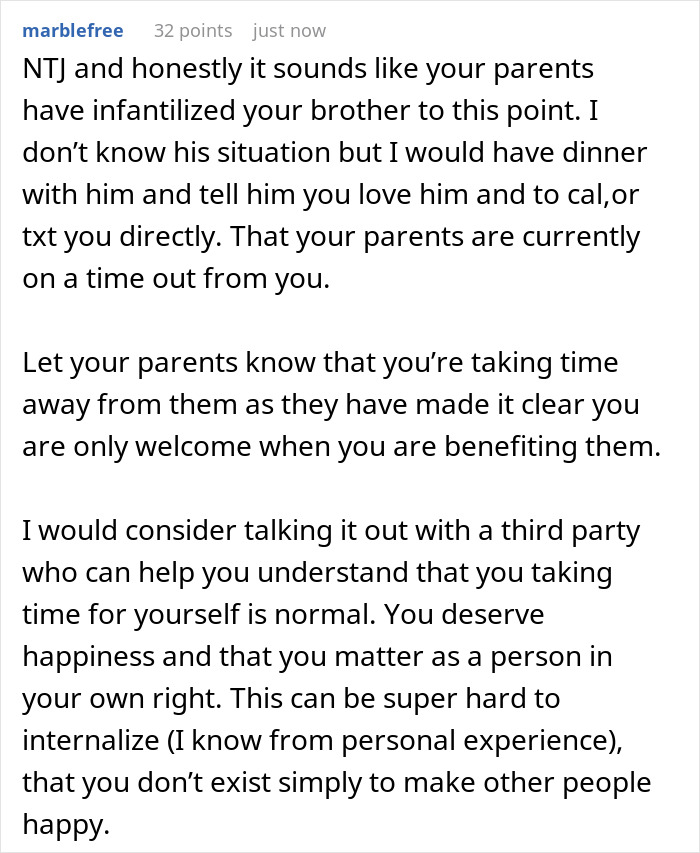 Comment text discussing challenges of caring for autistic brother and setting boundaries with entitled parents in online forum. Comment text discussing challenges of caring for autistic brother and setting boundaries with entitled parents in online forum.