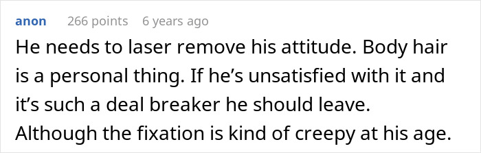 Screenshot of an online comment discussing body hair and a boyfriend demanding laser removal, sparking controversy.