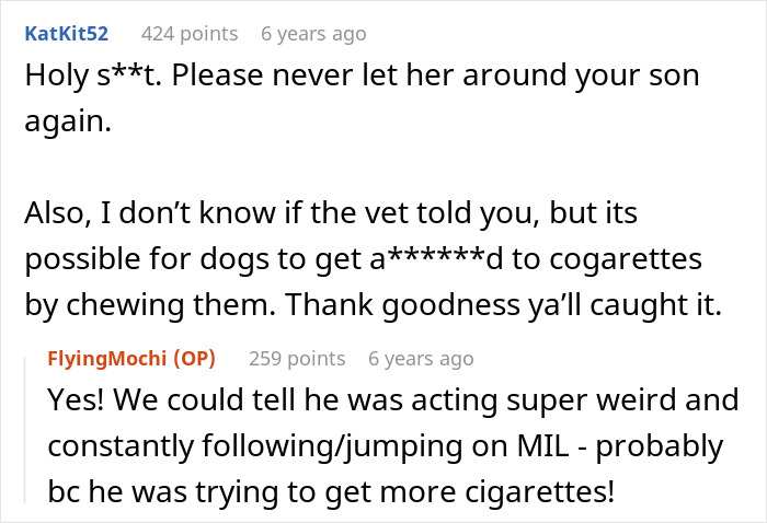 Reddit comments discussing MIL poisoning family dog and its strange behavior leading to discovery and family conflict.