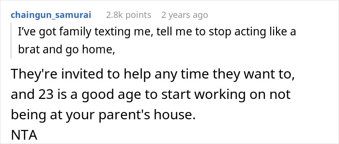 Screenshot of a Reddit comment about family conflict over a 23-year-old moving out and childcare challenges for the mom. Screenshot of a Reddit comment about family conflict over a 23-year-old moving out and childcare challenges for the mom.
