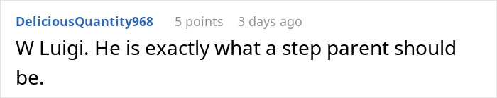 Reddit comment praising Luigi as an ideal step parent in a discussion about a teen seeing her stepmother’s true colors. Reddit comment praising Luigi as an ideal step parent in a discussion about a teen seeing her stepmother’s true colors.