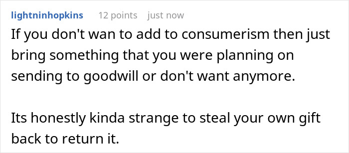 Screenshot of a forum comment discussing someone stealing their own white elephant gift to get a refund. Screenshot of a forum comment discussing someone stealing their own white elephant gift to get a refund.