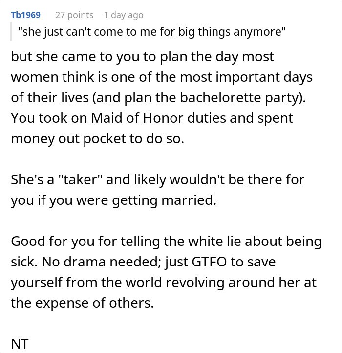 Text post discussing a painful friendship wake-up call during a wedding dress shopping trip experience.