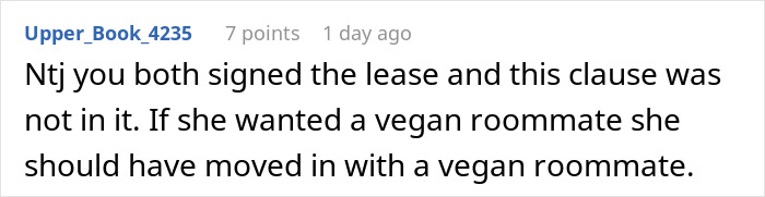 Text conversation about a person refusing to follow roommate’s strict vegan rules in a shared kitchen, labeled selfish. Text conversation about a person refusing to follow roommate’s strict vegan rules in a shared kitchen, labeled selfish.