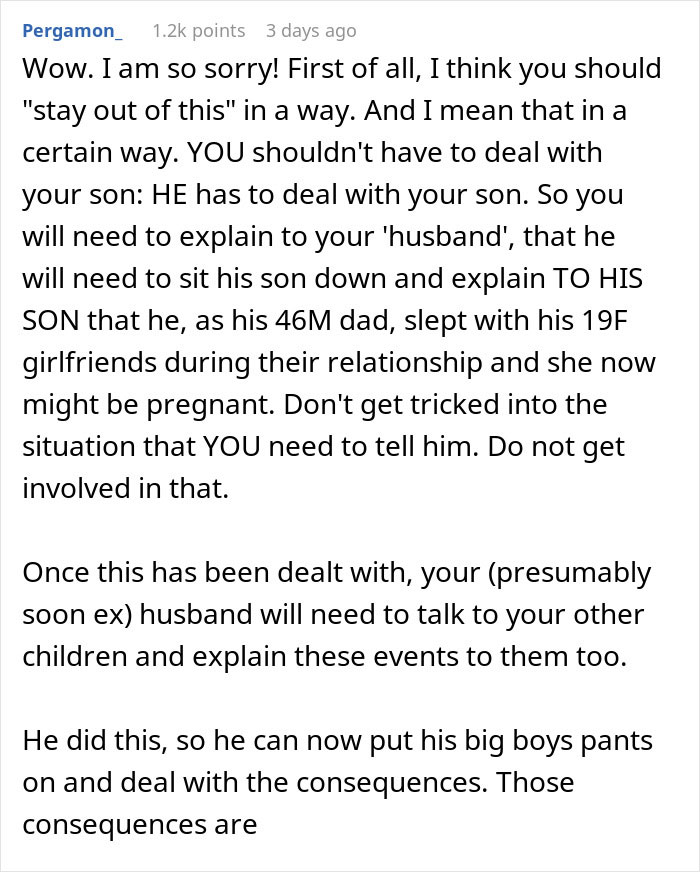 Text post discussing a man unsure if affair partner's baby is his child or grandchild, advising to stay out of it. Text post discussing a man unsure if affair partner's baby is his child or grandchild, advising to stay out of it.