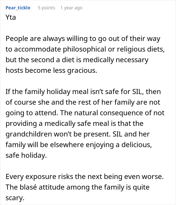 Comment discussing family conflict over accommodating allergy diets and the reality of family not catering to allergies. Comment discussing family conflict over accommodating allergy diets and the reality of family not catering to allergies.