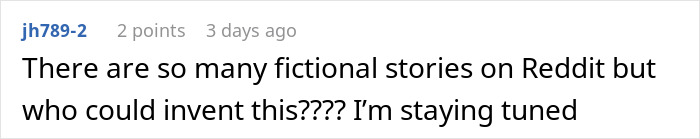 Reddit comment discussing disbelief over fictional stories including a barefoot spiritual advisor causing chaos at Thanksgiving.