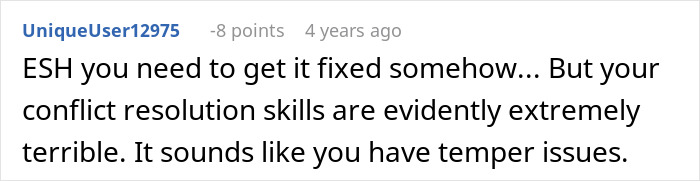 Screenshot of a Reddit comment criticizing conflict resolution skills in a discussion about a man demanding cousin pay for his cruel prank. Screenshot of a Reddit comment criticizing conflict resolution skills in a discussion about a man demanding cousin pay for his cruel prank.