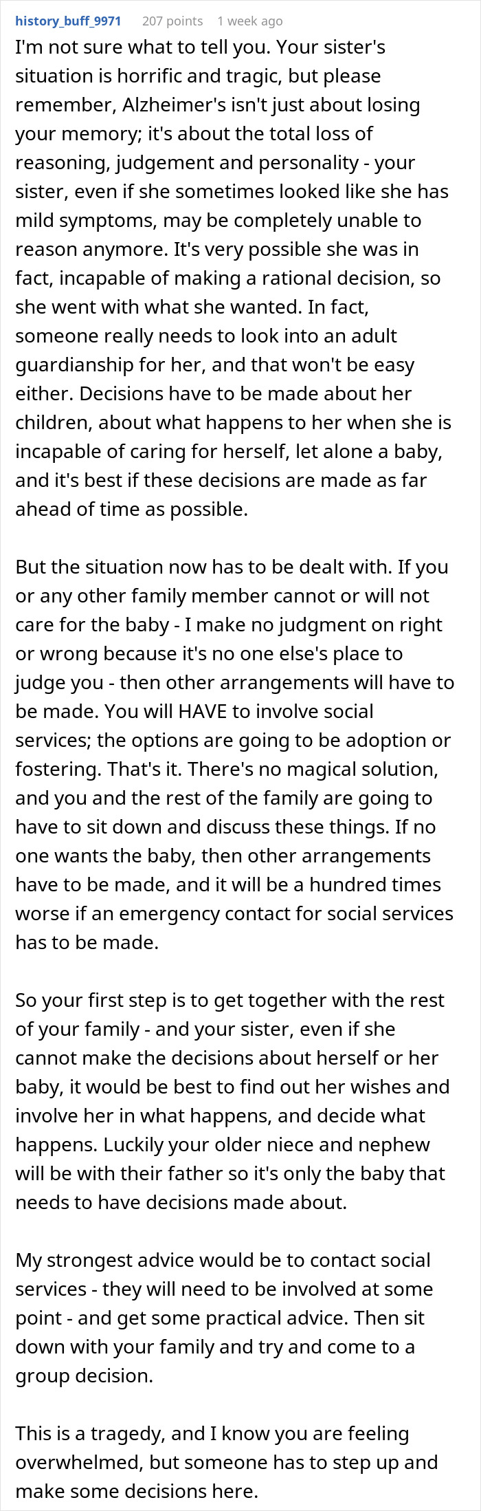 Comment discussing childfree woman refusing responsibility for her sister’s new baby and family decisions needed.