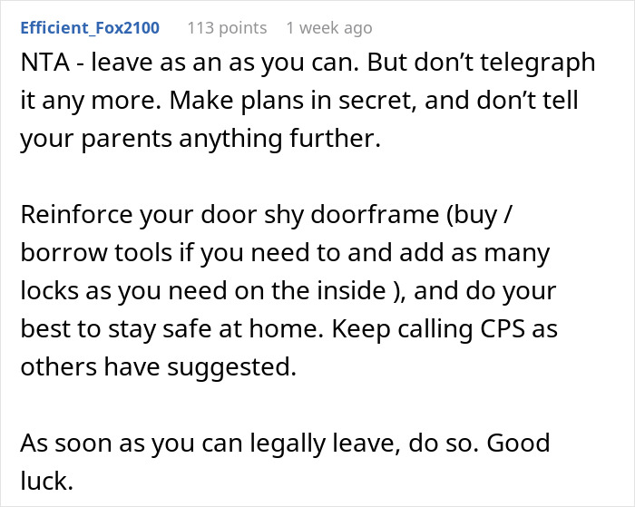 Screenshot of online advice discussing a teen living in fear of his violent sister and distrustful parents.
