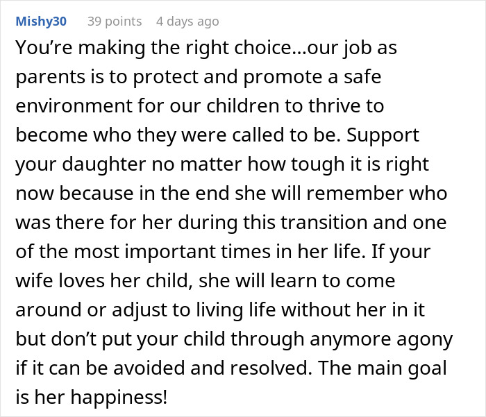Screenshot of online comment supporting parents protecting and promoting a safe environment during a child's transition amid family struggles.