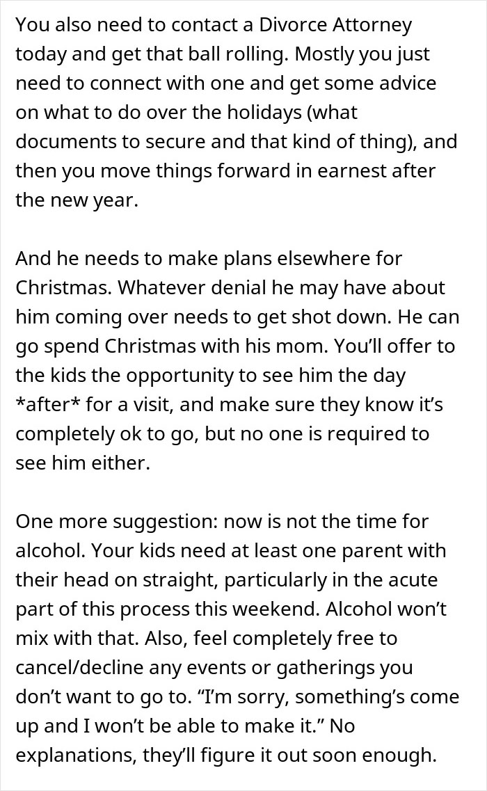 Text excerpt discussing divorce attorney advice and family planning during holiday visits amid relationship uncertainty and custody concerns.