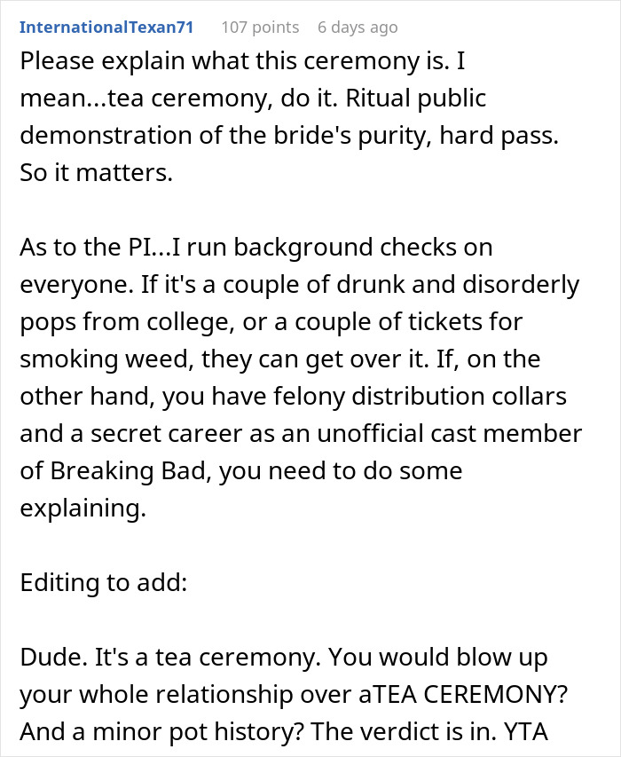 Comment discussing a man considering canceling wedding after fiancée’s family hires a PI to find dirt. Comment discussing a man considering canceling wedding after fiancée’s family hires a PI to find dirt.