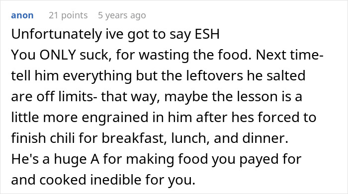 Comment discussing a woman rethinking her relationship after boyfriend ruined the pot of chili by salting it excessively. Comment discussing a woman rethinking her relationship after boyfriend ruined the pot of chili by salting it excessively.