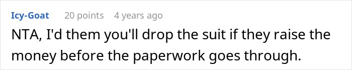 Screenshot of an online comment discussing a man demanding cousin pay for his cruel prank and the aunt’s surprising reaction.
