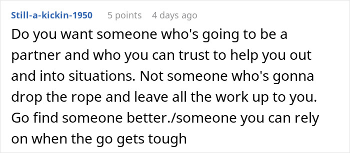 Alt text: Online comment about trust and reliability in relationships after fiancé’s lie causes a rethink during holiday dinner.