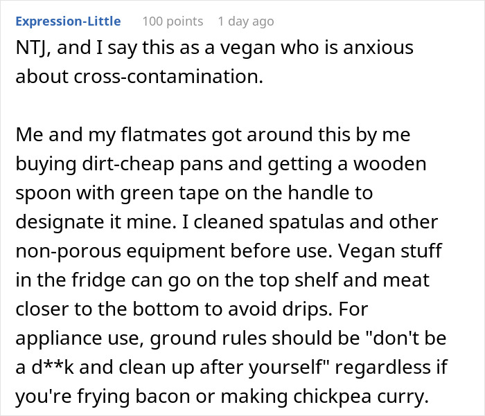 Commenter shares tips on handling strict vegan rules in shared kitchen space to avoid conflict with roommate.