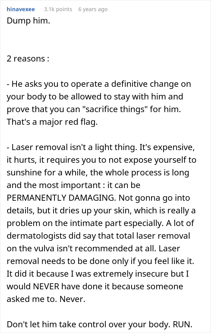 Comment advising to dump boyfriend demanding laser body hair removal, highlighting risks of laser removal and personal boundaries.