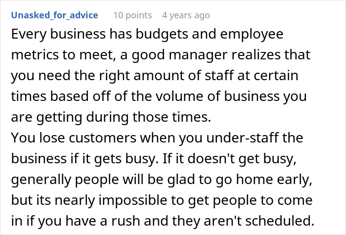 Screenshot of a forum comment discussing manager rules for coffee shop workers and challenges of staffing during busy times. Screenshot of a forum comment discussing manager rules for coffee shop workers and challenges of staffing during busy times.