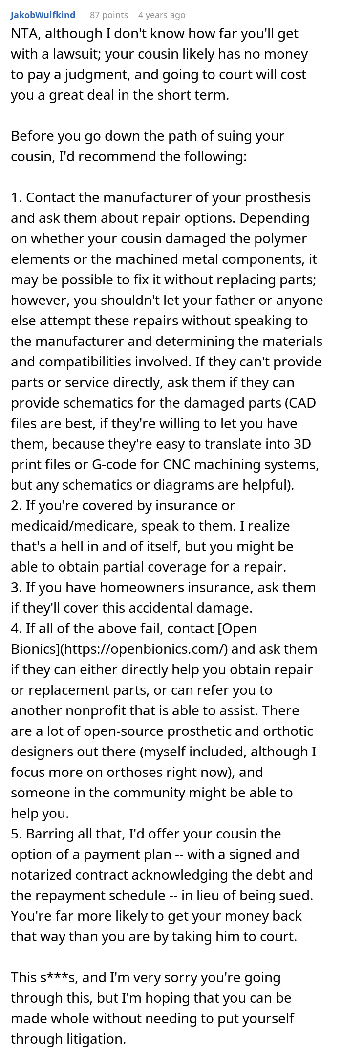 Reddit comment offering advice on suing cousin after a cruel prank and unexpected aunt reaction. Reddit comment offering advice on suing cousin after a cruel prank and unexpected aunt reaction.