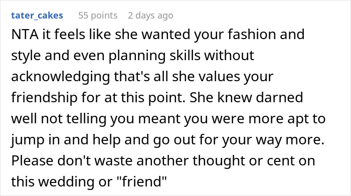 Comment about wedding dress shopping trip revealing painful friendship issues and emotional wake-up call.
